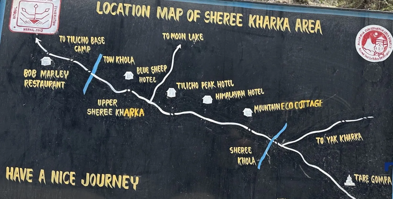 Shree Kharka route map board showing the trekking trail, nearby villages, Tilicho Lake route, and key destinations on the Annapurna Circuit Trek in Nepal.