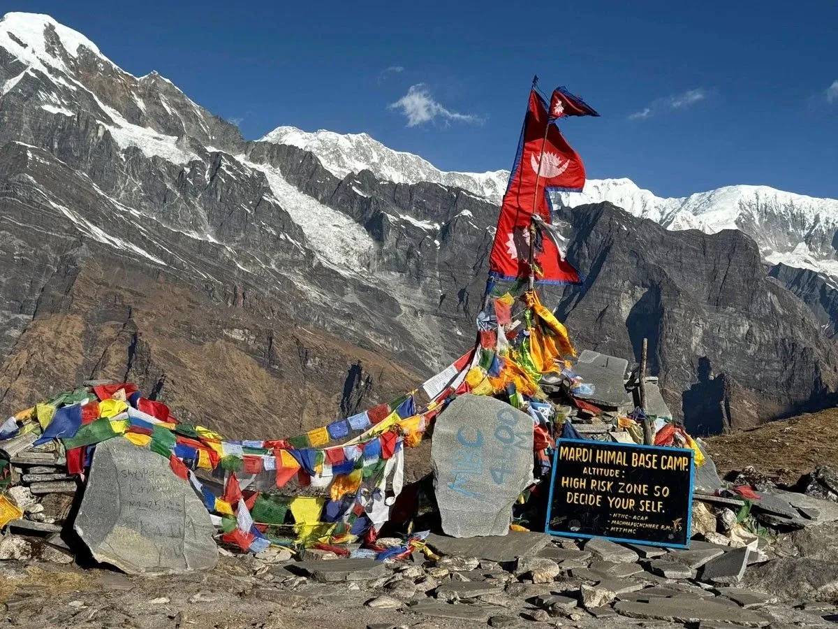Trekkers ascending to Mardi Himal Base Camp with snow-covered Himalayan peaks and alpine landscapes in Nepal.