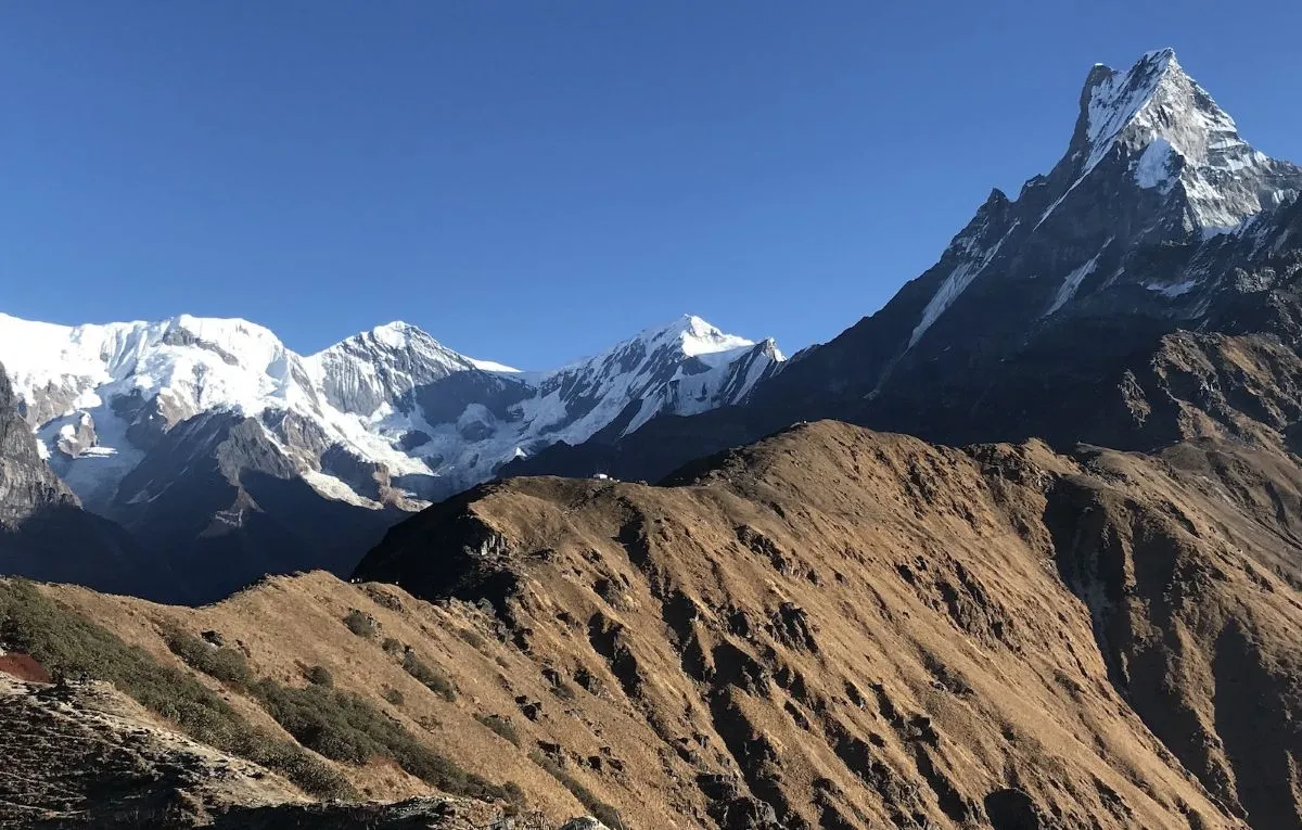 Mardi Himal Viewpoint offering stunning panoramic views of Machhapuchhre, Annapurna South, Hiunchuli, and the surrounding snow-capped Himalayan peaks under a clear mountain sky.