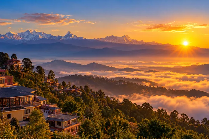 Beautiful sunrise over the Himalayan mountain range from Nagarkot, Nepal.