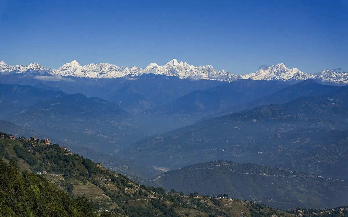 Panoramic Himalayan mountain range viewed from Nagarkot near Kathmandu, Nepal.