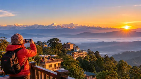 Golden sunrise over the Himalayan mountain range viewed from Nagarkot, Nepal.