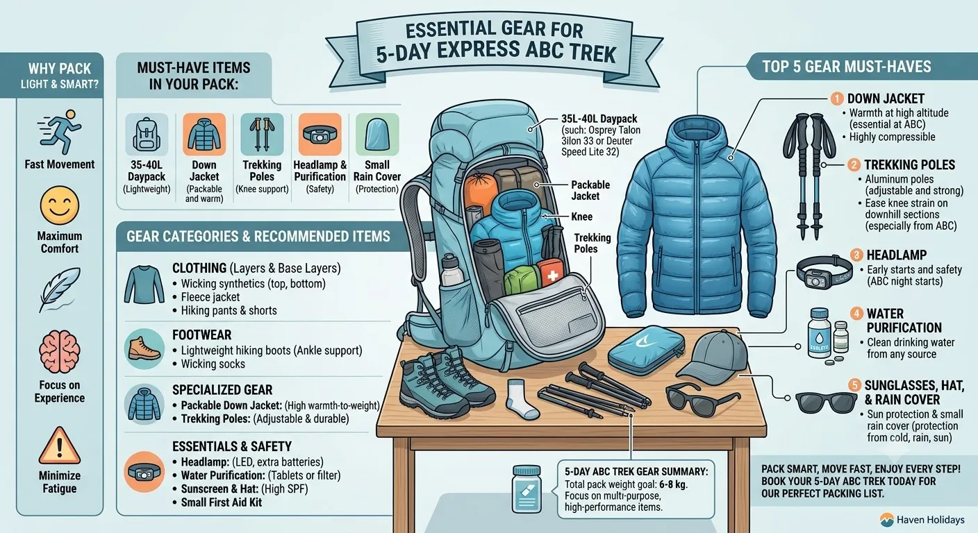 Annapurna Base Camp Trek packing list featuring trekking backpack, hiking boots, warm clothing, rain gear, water bottle, trekking poles, sleeping essentials, and personal travel items.