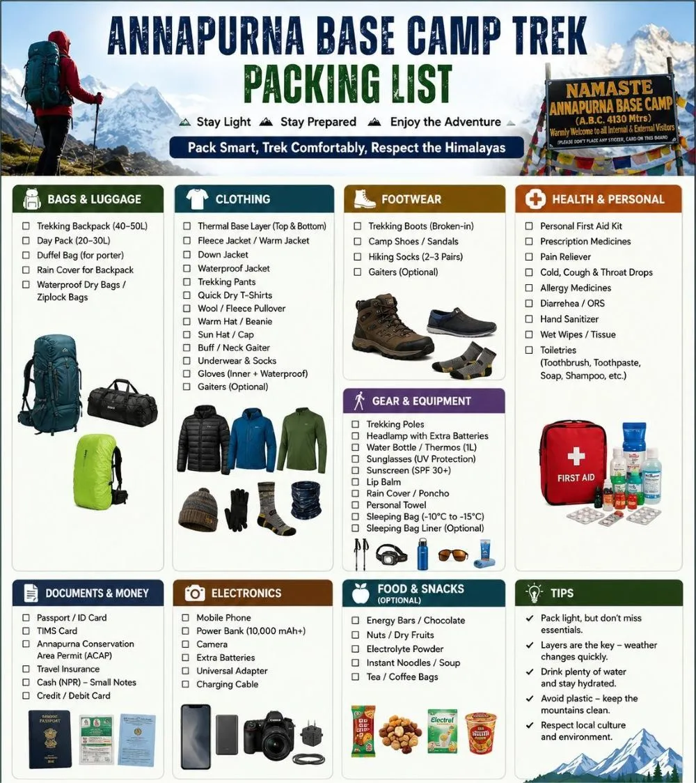 Complete packing checklist for the 5-Day Annapurna Base Camp Trek featuring a comfortable trekking setup with backpack, hiking boots, layered clothing, rain gear, trekking poles, water bottle, first-aid kit, and essential travel items.