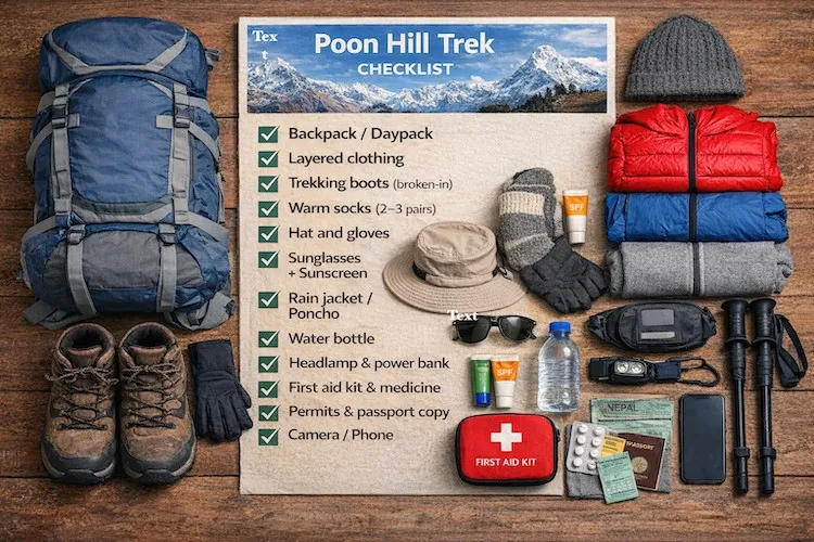 Trekking gear checklist for the Poon Hill Trek neatly arranged, including hiking boots, backpack, warm jacket, water bottle, trekking poles, hat, gloves, camera, sunscreen, and other essential trekking items.