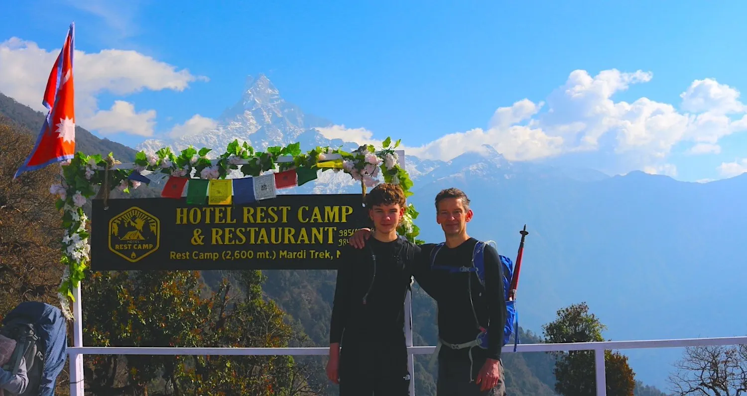 View from Rest Camp on the Mardi Himal Trek in Nepal showing Himalayan mountain scenery and alpine landscape”