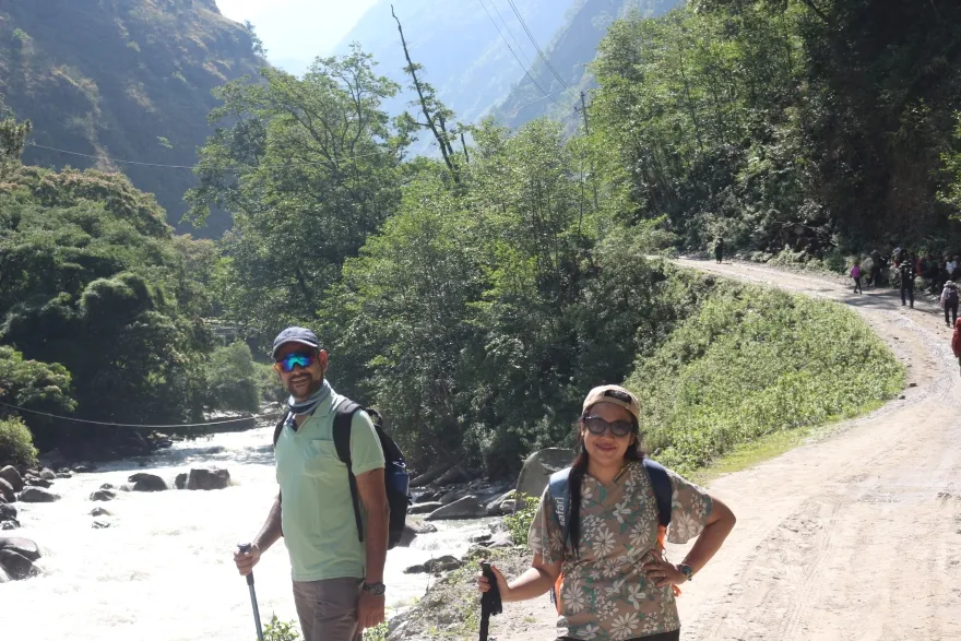 Scenic riverbank along the Langtang trekking trail in Nepal.