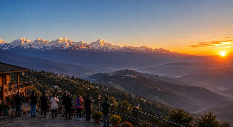 Golden sunrise over the Himalayan mountains viewed from Nagarkot near Kathmandu, Nepal.