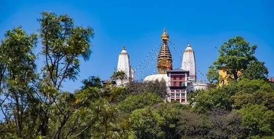 Swayambhunath Stupa on a forested hilltop in Kathmandu.