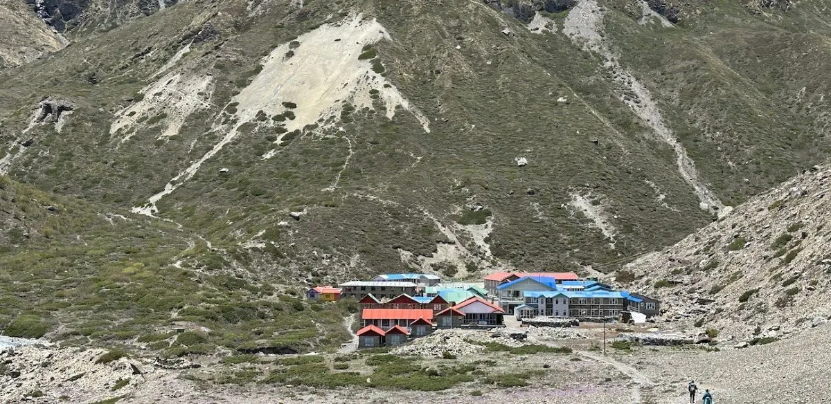  Tilicho Base Camp with mountain lodges and snow-covered Himalayan peaks in the Annapurna region of Nepal.