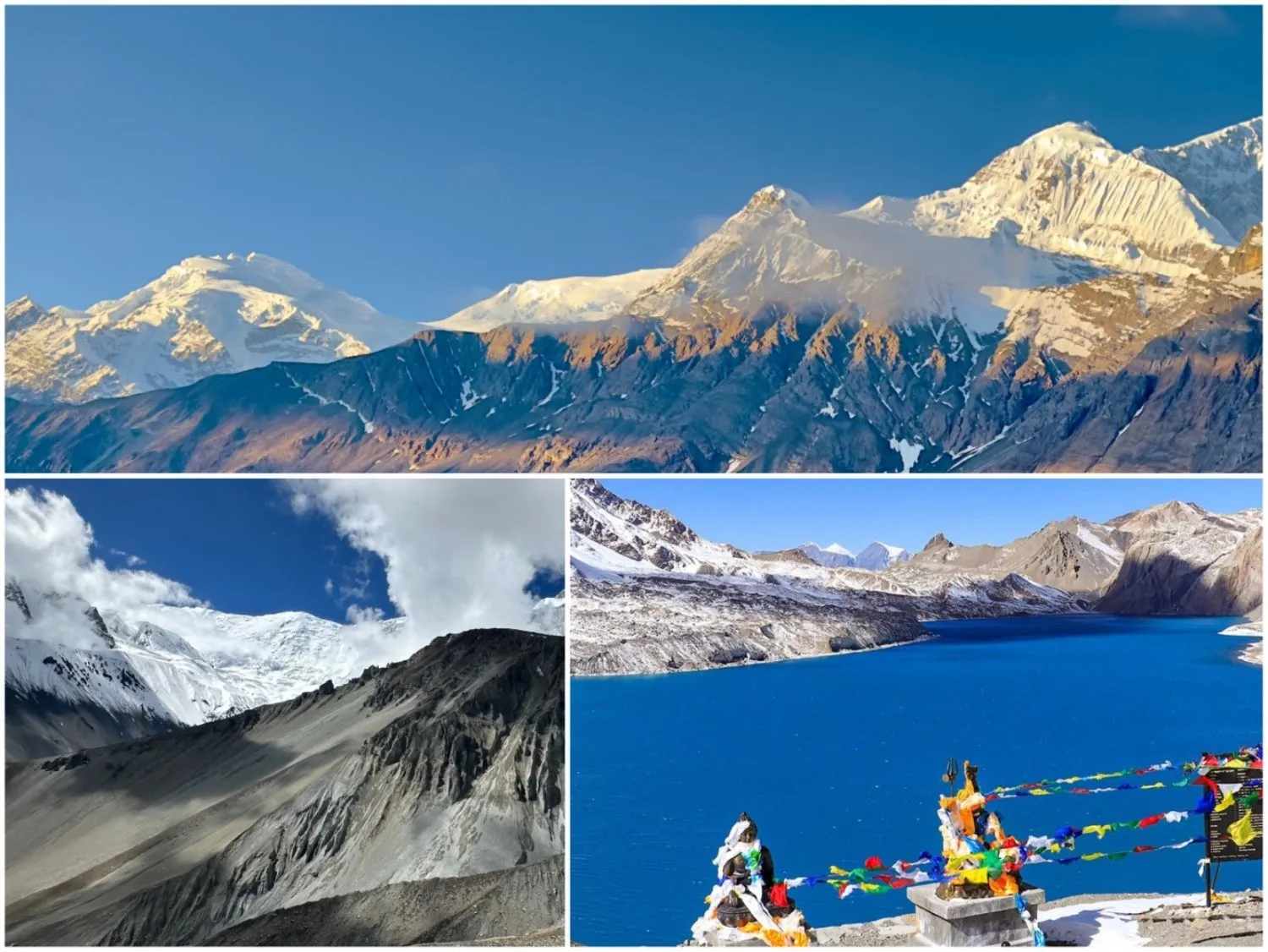Tilicho Lake surrounded by snow-covered Himalayan peaks in the Annapurna region of Nepal.