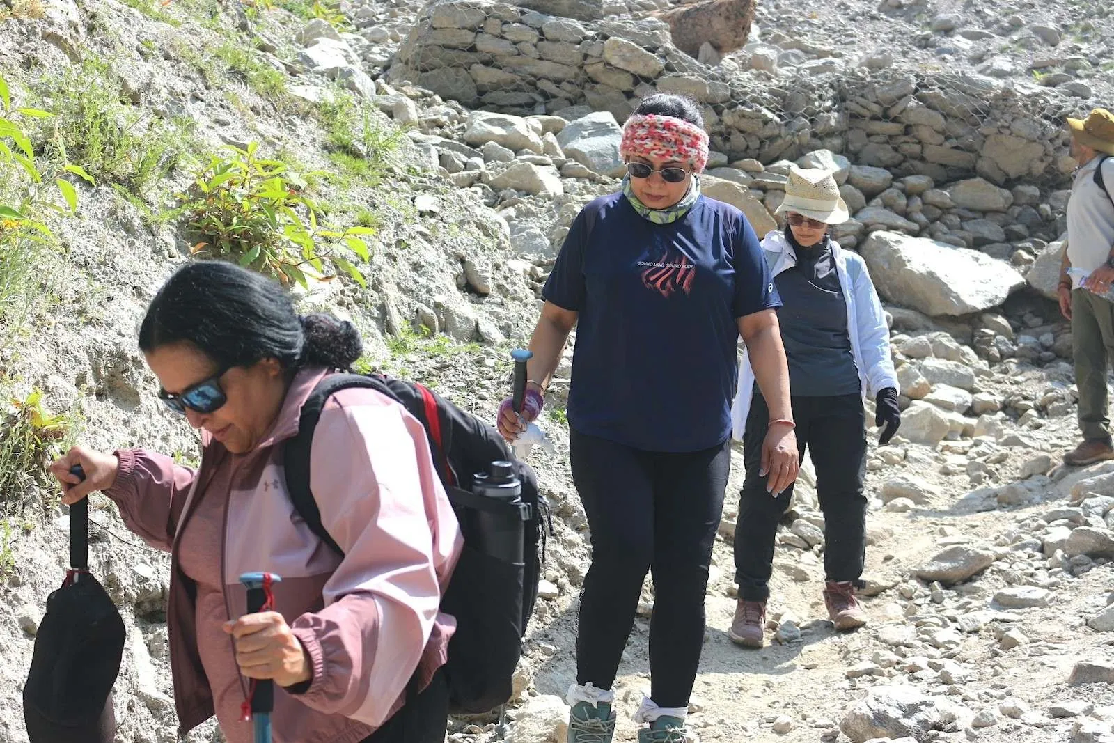 Trekkers walking along the scenic Langtang Valley trail with Himalayan mountain views.