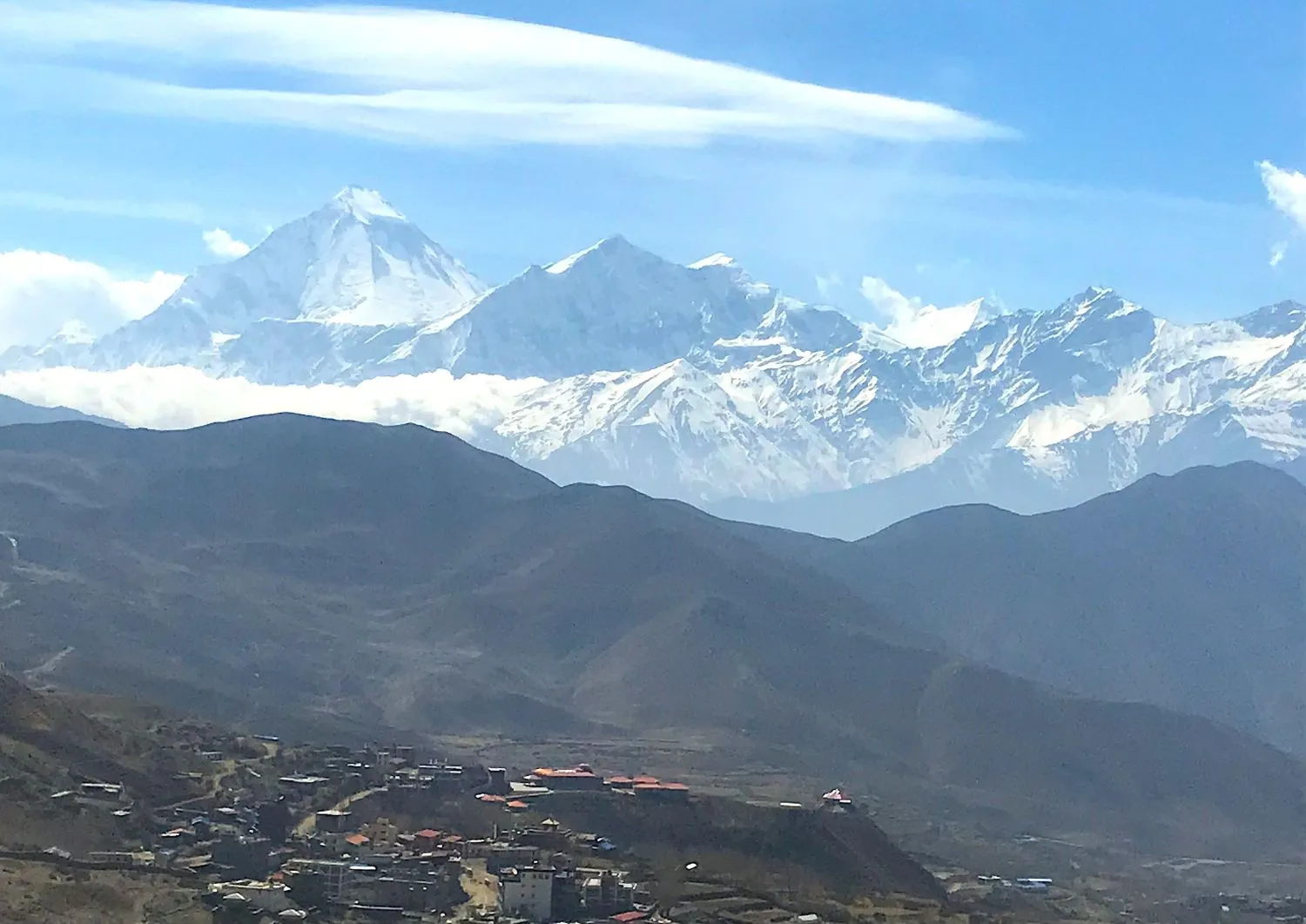 Upper Mustang in September with dry trails and views of the Dhaulagiri and Annapurna Himalayas.
