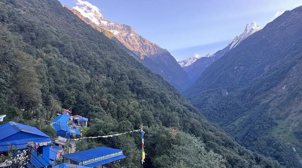 Sinuwa Village viewpoint – where dense Himalayan forests meet the breathtaking silhouette of Machhapuchhre (Fishtail Mountain), creating one of the most beautiful scenes on the Annapurna Base Camp Trek.