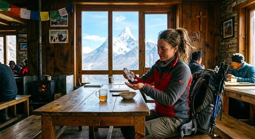 Trekker washing or sanitizing hands to maintain personal hygiene during the Everest Base Camp Trek in Nepal.